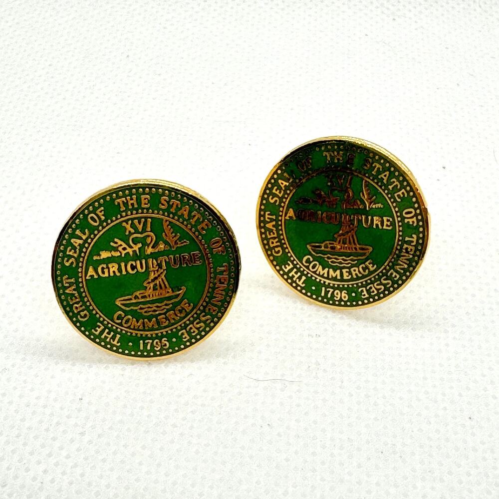 Vtg Cufflinks Great Seal State of Tennessee Agriculture Commerce Gold Tone Green